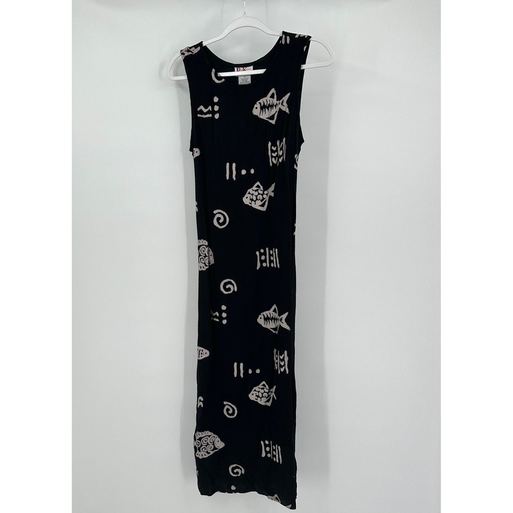 Womens Vintage Whimsical Fish Print Maxi Dress Size 12 90s Retro Artsy Beachy